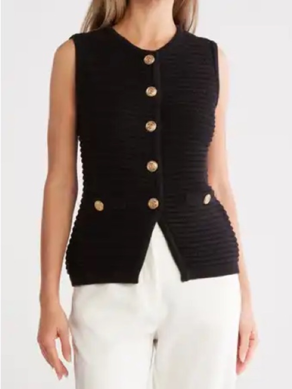 Black Sleeveless Knit Button-Up Vest with Gold Accents